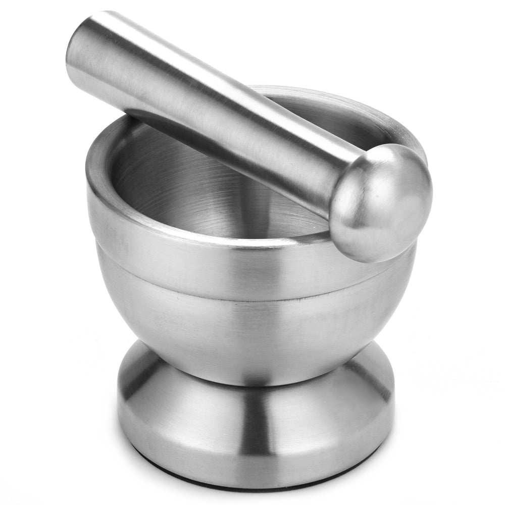 Double Stainless Steel Mortar and Pestle Pedestal Garlic Press Pot