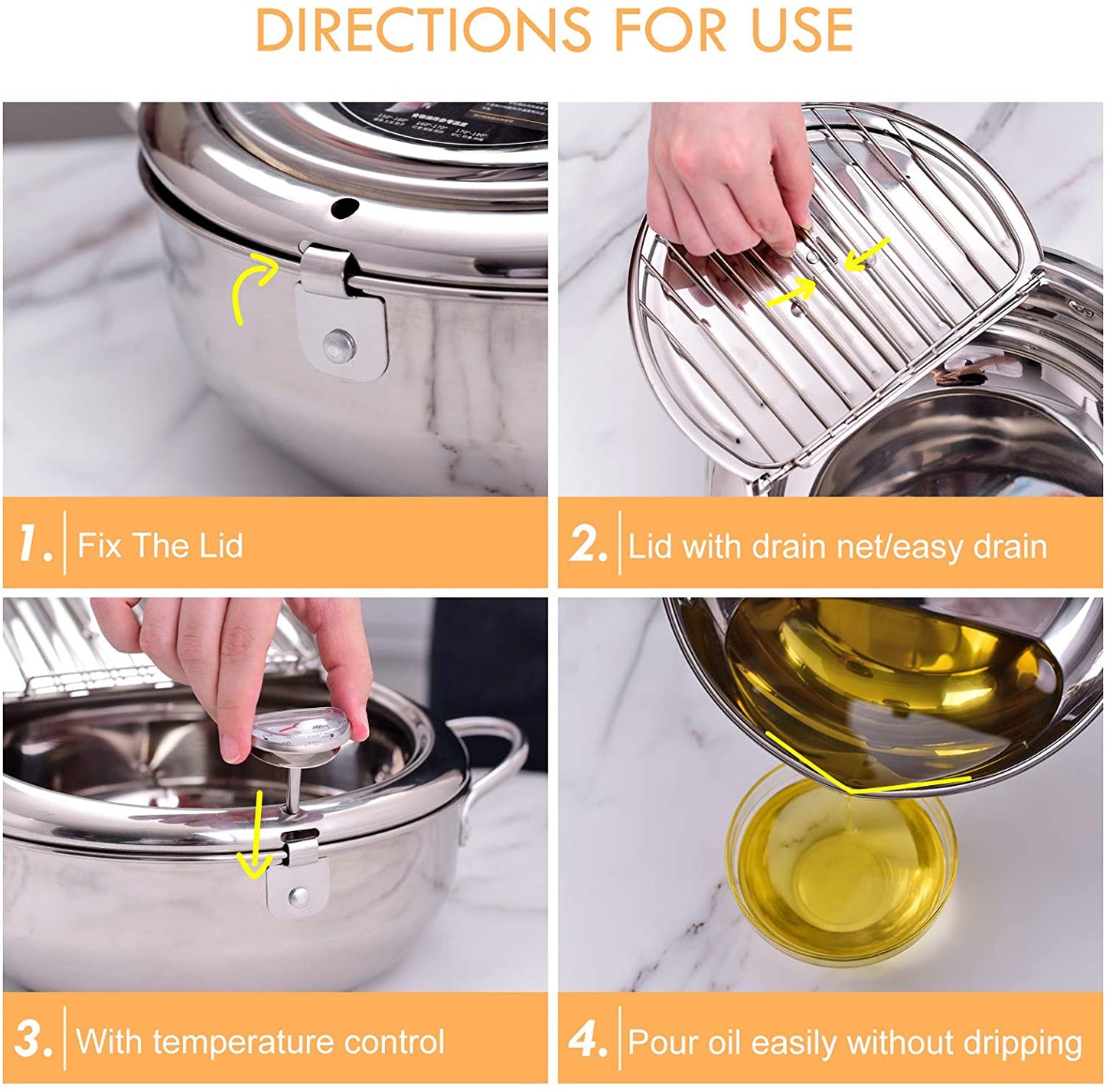 Japanese 304 Stainless Steel Deep Frying Pot with Thermometer and Lid
