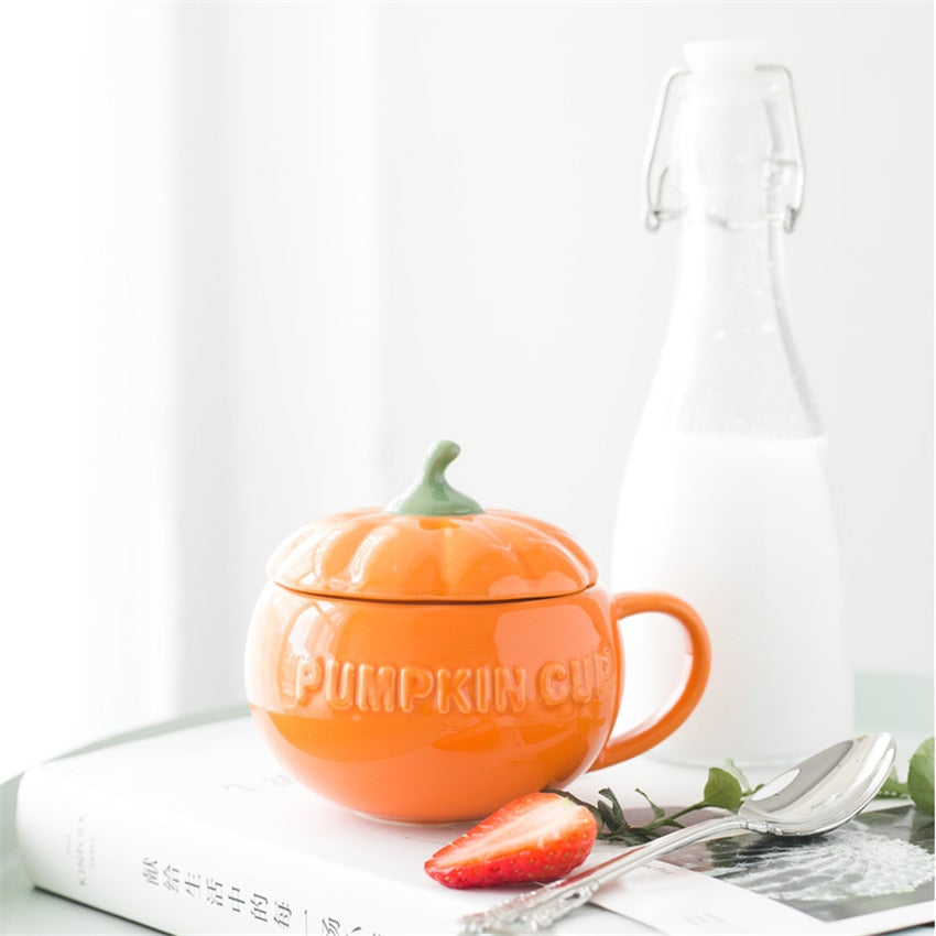 Cute Ceramic Coffee and Tea Drinking Pumpkin Cup with Lid