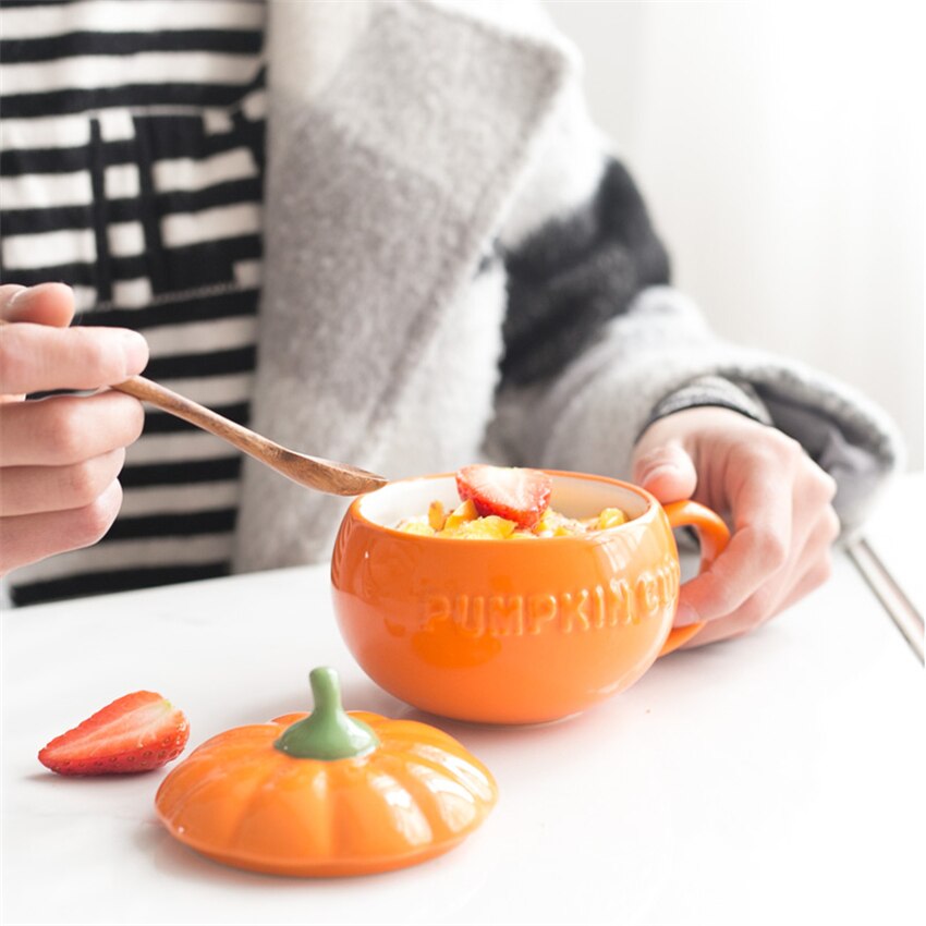 Cute Ceramic Coffee and Tea Drinking Pumpkin Cup with Lid