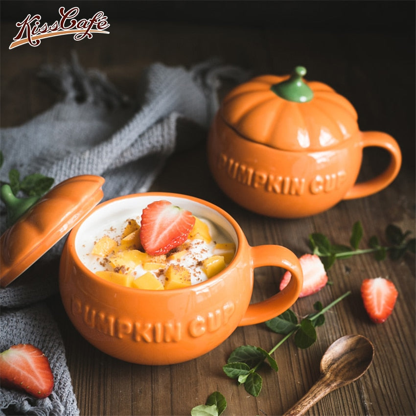 Cute Ceramic Coffee and Tea Drinking Pumpkin Cup with Lid