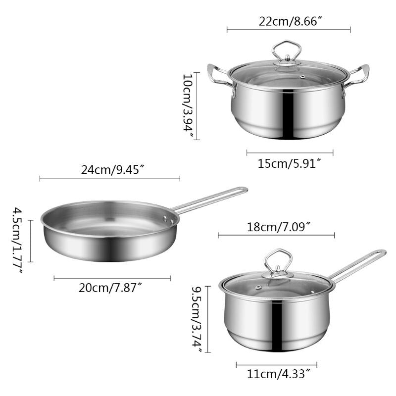 3pcs Stainless Steel Flat Bottom Frying Pan Soup Pot and Milk Pot Cookware Set