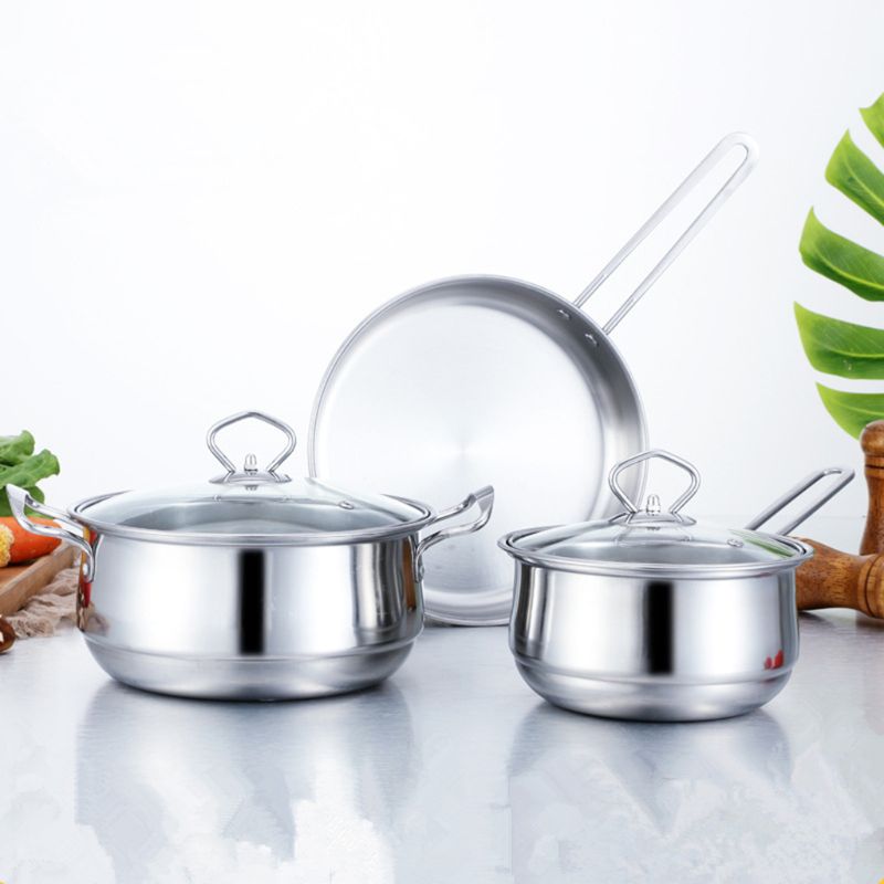 3pcs Stainless Steel Flat Bottom Frying Pan Soup Pot and Milk Pot Cookware Set