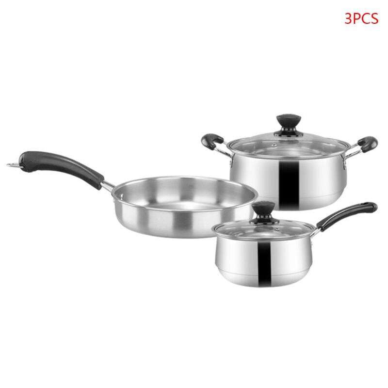 3pcs Stainless Steel Flat Bottom Frying Pan Soup Pot and Milk Pot Cookware Set