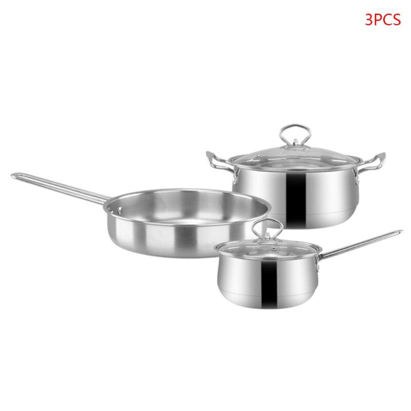 3pcs Stainless Steel Flat Bottom Frying Pan Soup Pot and Milk Pot Cookware Set