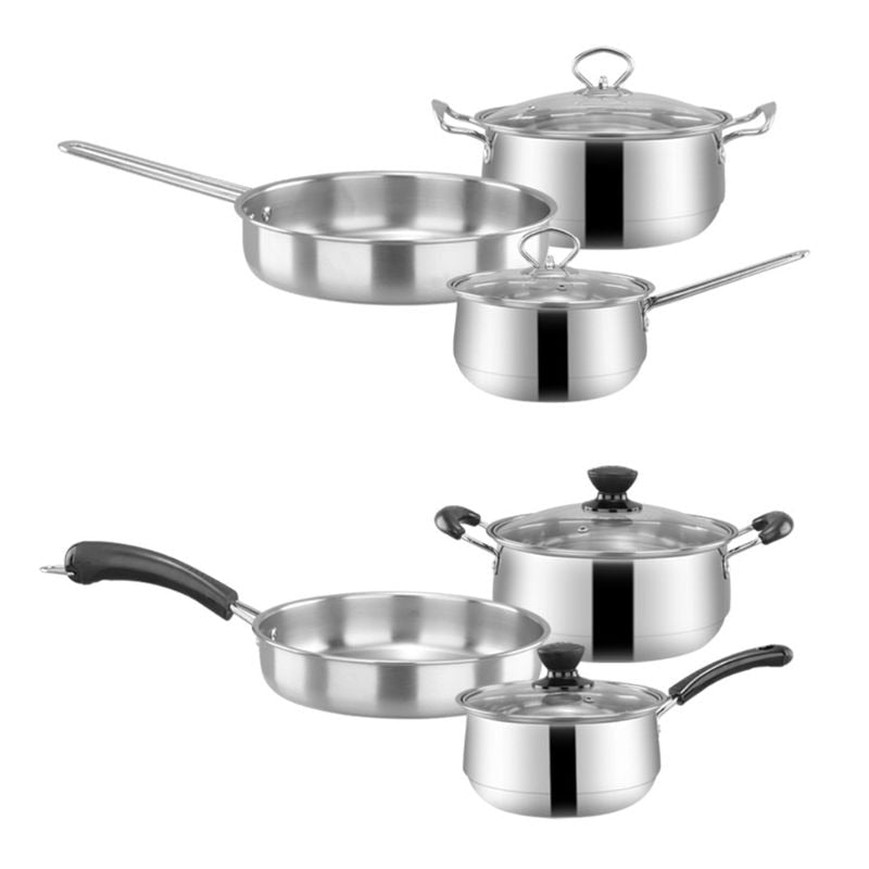 3pcs Stainless Steel Flat Bottom Frying Pan Soup Pot and Milk Pot Cookware Set