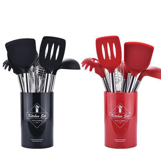 Stainless Steel Silicone Kitchen Cooking Utensil Set with Storage Bucket- 9Pcs