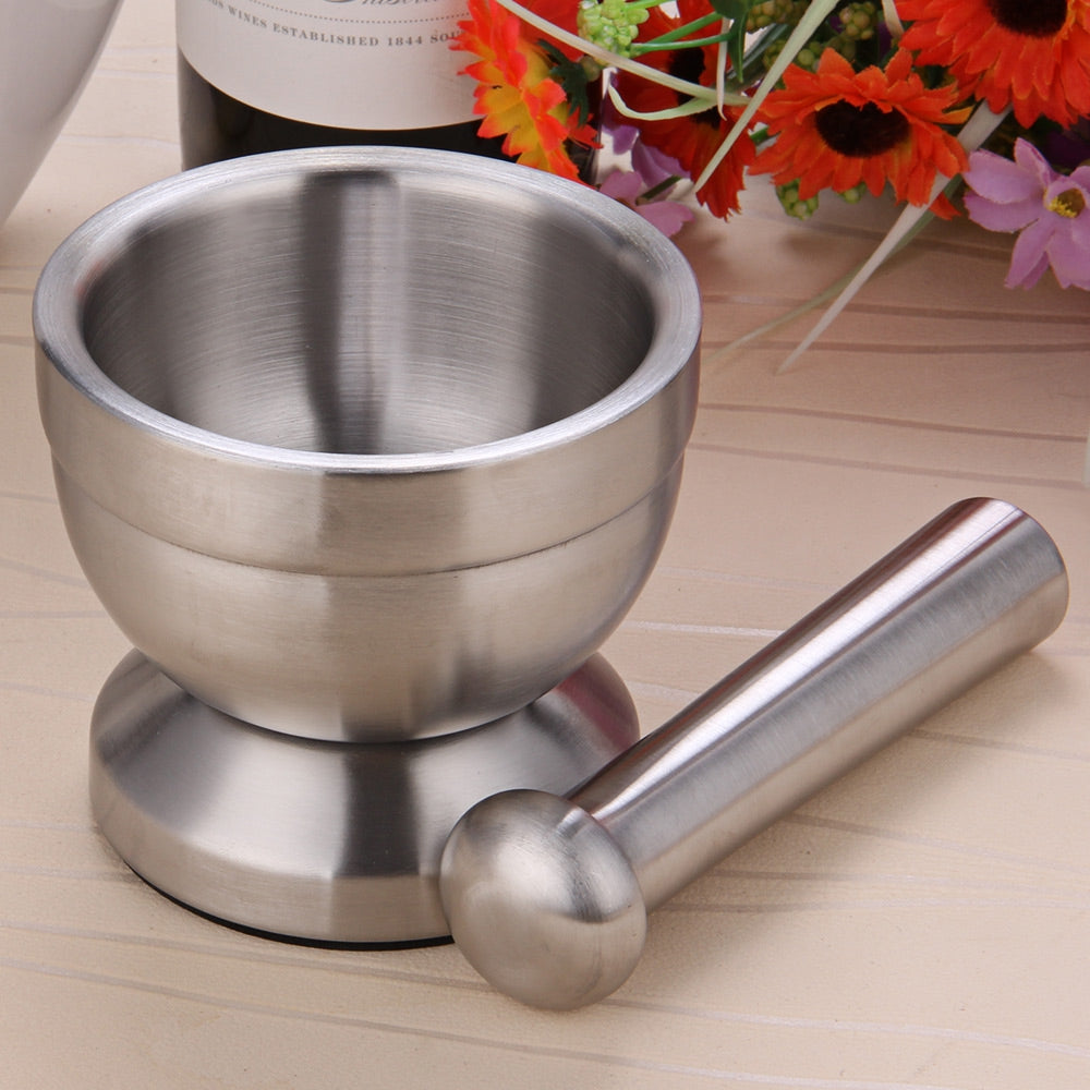 Double Stainless Steel Mortar and Pestle Pedestal Garlic Press Pot