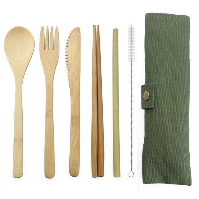 7-Piece Bamboo Dinnerware Cutlery Set with Straw