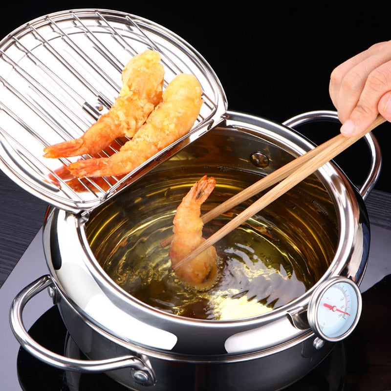 Japanese 304 Stainless Steel Deep Frying Pot with Thermometer and Lid