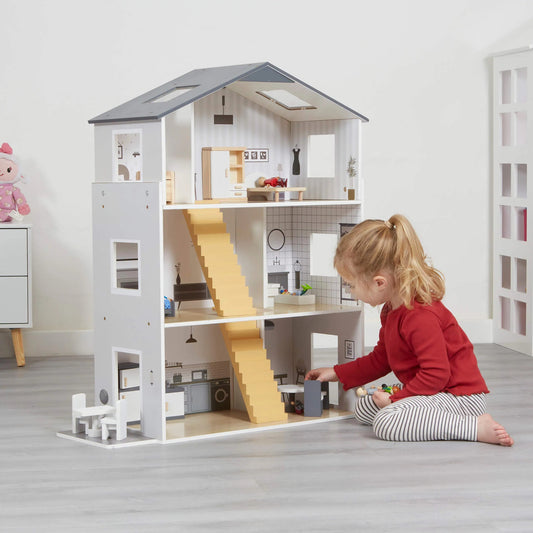 Contemporary Dolls House with 18 Handcrafted Wood Furniture Accessories