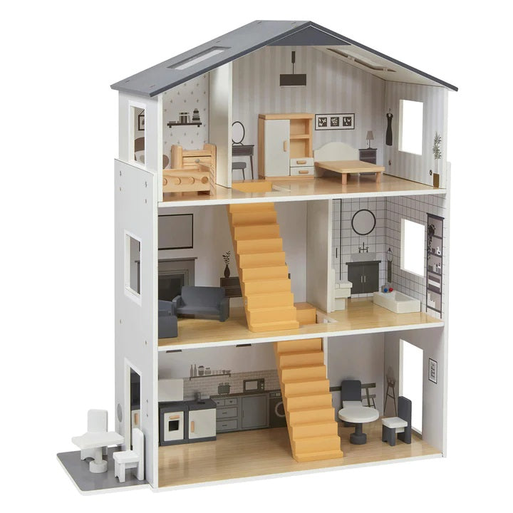 Contemporary Dolls House with 18 Handcrafted Wood Furniture Accessories