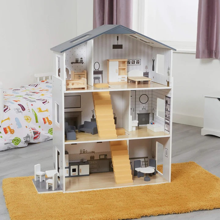 Contemporary Dolls House with 18 Handcrafted Wood Furniture Accessories