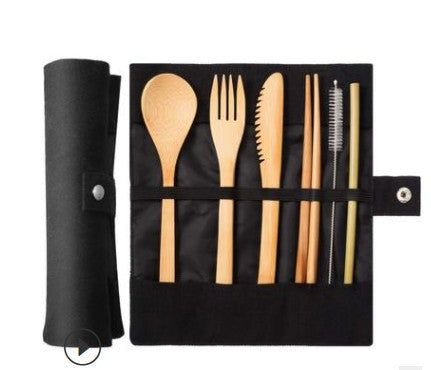 7-Piece Bamboo Dinnerware Cutlery Set with Straw