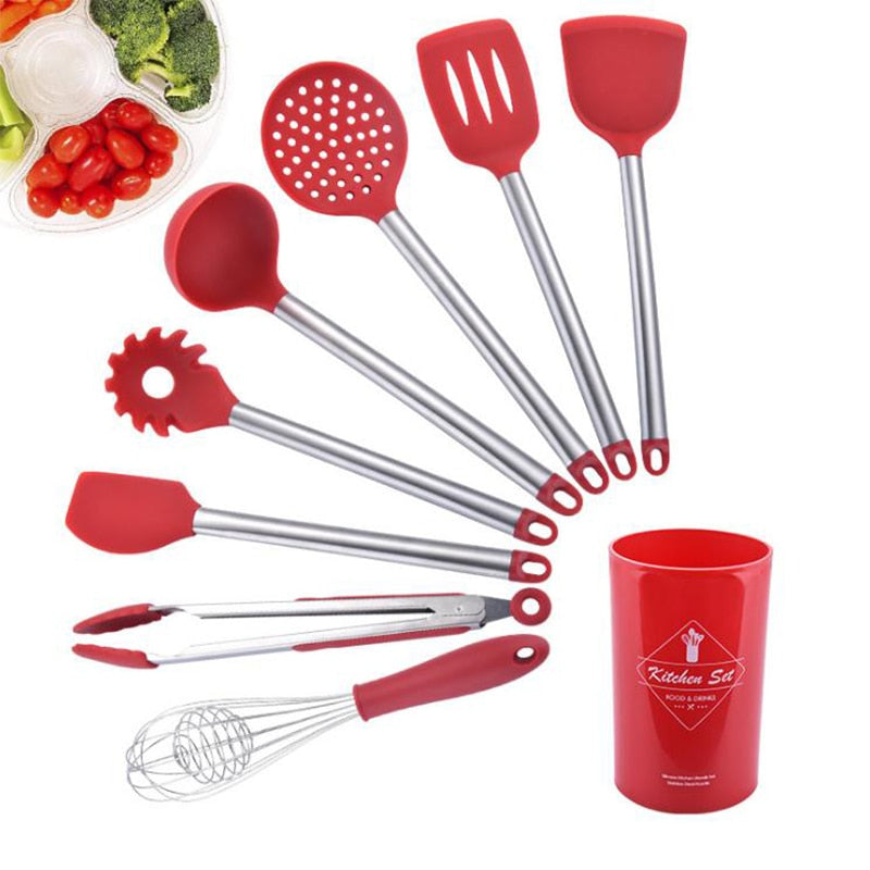 Stainless Steel Silicone Kitchen Cooking Utensil Set with Storage Bucket- 9Pcs