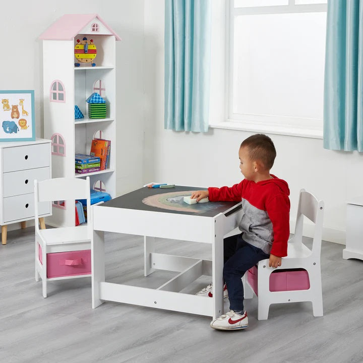 Kids White Wooden Table and 2 Chairs with Pink Storage Bins