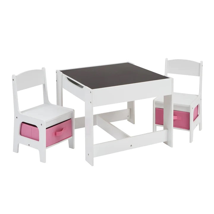 Kids White Wooden Table and 2 Chairs with Pink Storage Bins