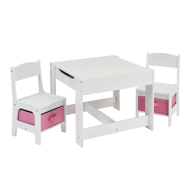 Kids White Wooden Table and 2 Chairs with Pink Storage Bins