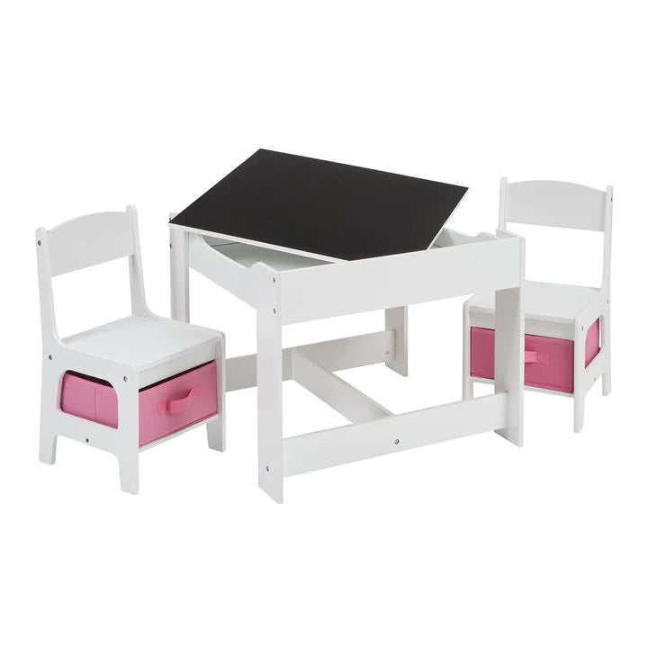 Kids White Wooden Table and 2 Chairs with Pink Storage Bins