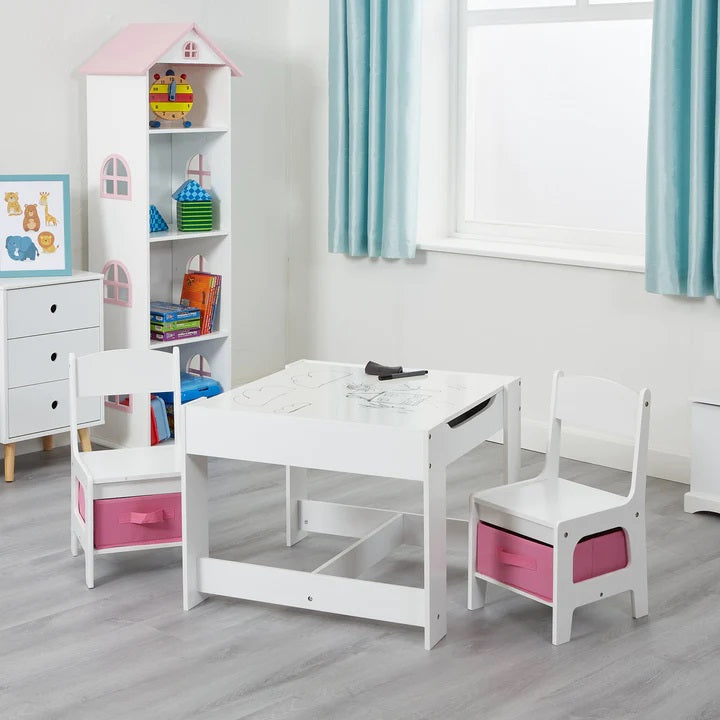 Kids White Wooden Table and 2 Chairs with Pink Storage Bins