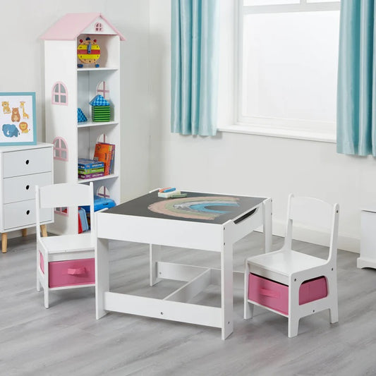 Kids White Wooden Table and 2 Chairs with Pink Storage Bins