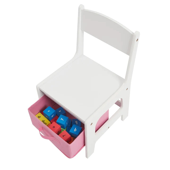 Kids White Wooden Table and 2 Chairs with Pink Storage Bins