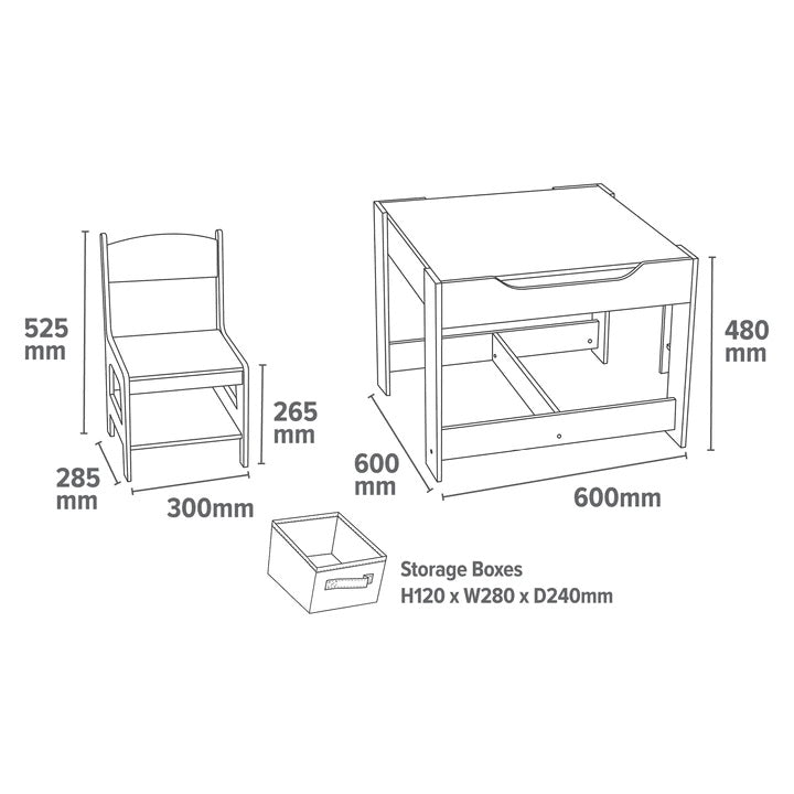 Kids White Wooden Table and 2 Chairs with Pink Storage Bins